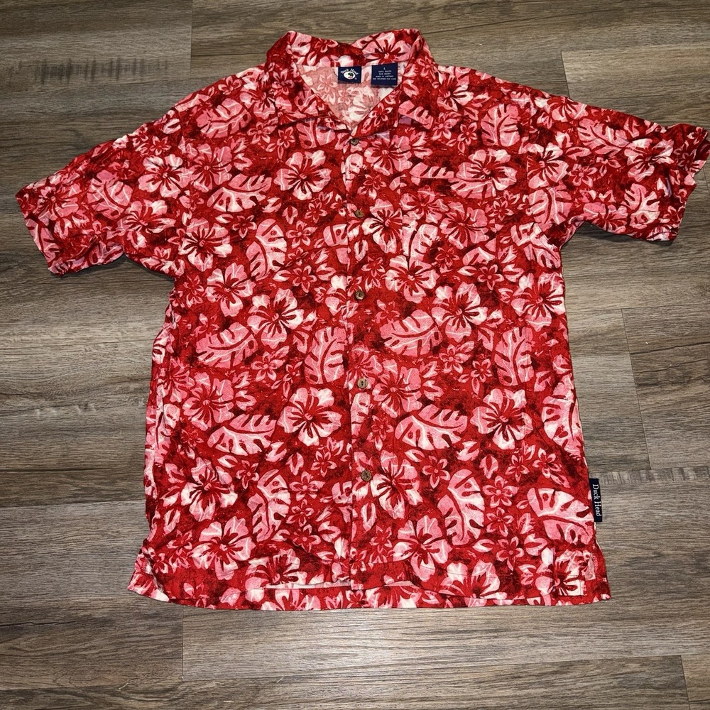 Duck Head Hawaiian Shirt Mens Large Aloha Red Floral Print Vacation Casual VTG